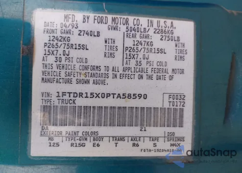 1993 Ford Ranger Super Cab из США, поврежденный, VIN 1FTDR15X0PTA58590